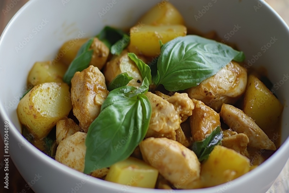 Thai white bowl with basil chicken potato curry Thai white bowl with basil chicken potato curry