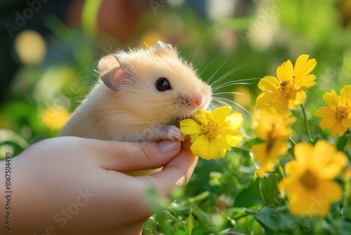 The owner feeds the joyful Dzungarian hamster with stuffed cheeks photo