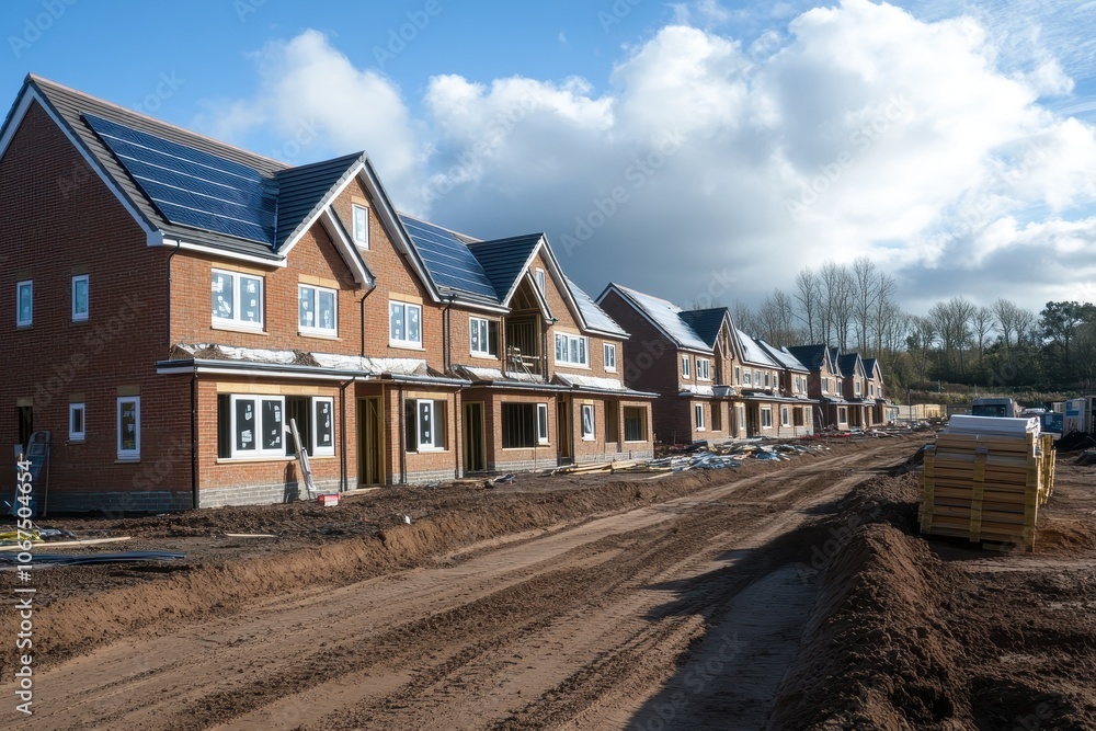 The rooftops of new houses at a construction site featuring integrated solar panels for affordable sustainable energy in an eco friendly development The rooftops of new houses at a construction site featuring integrated solar panels for affordable sustainable energy in an eco friendly development