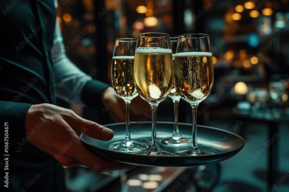 The server carries a tray of champagne or sparkling wine Restaurant service The server carries a tray of champagne or sparkling wine Restaurant service