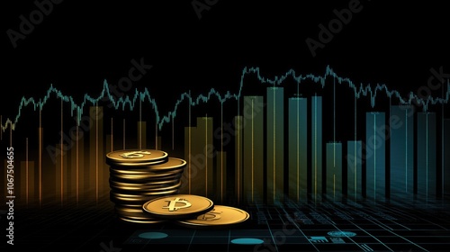 Business performance background with a rising stock chart, economic data, and financial trends, coin on stock chart  photo