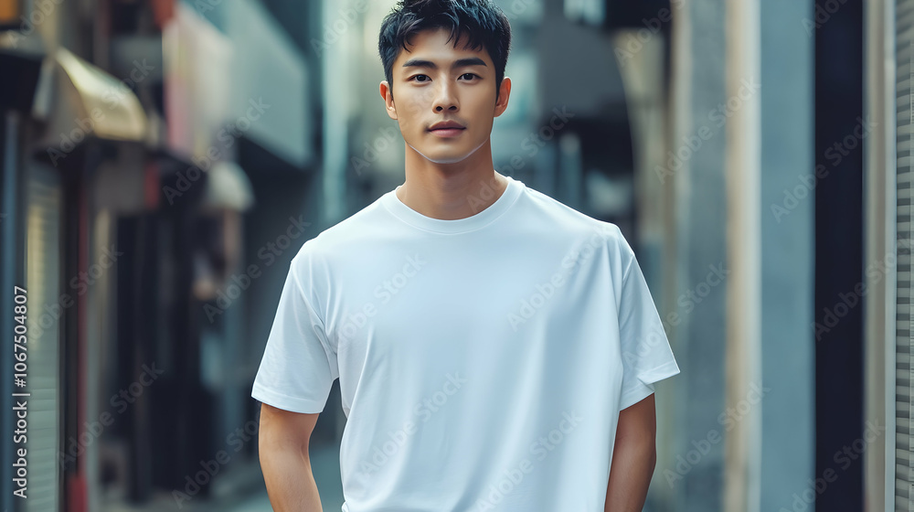 Mockup Ready: Asian male model showcasing a blank t-shirt, ideal for design mockups. Mockup Ready: Asian male model showcasing a blank t-shirt, ideal for design mockups.