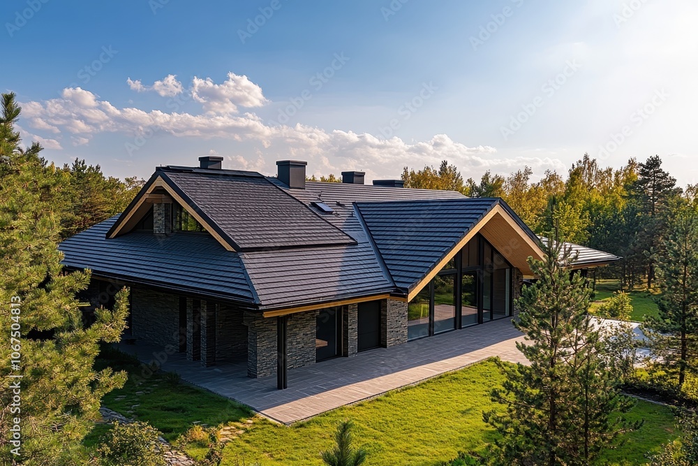 The top of a recently constructed home under clear skies