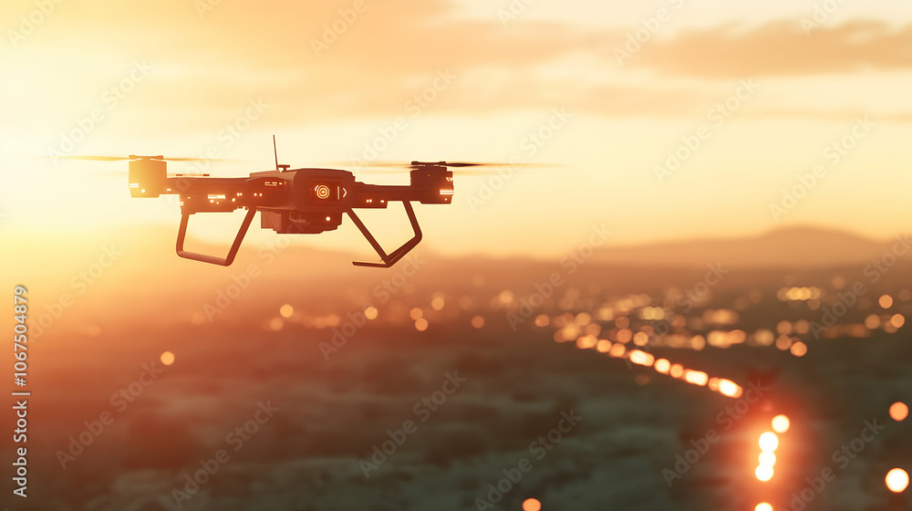 Modern drone flying on a reconnaissance mission, overseeing battlefield operations with precision Modern drone flying on a reconnaissance mission, overseeing battlefield operations with precision