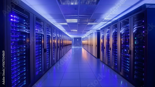 Modern data center with illuminated servers in a high-tech, organized layout 