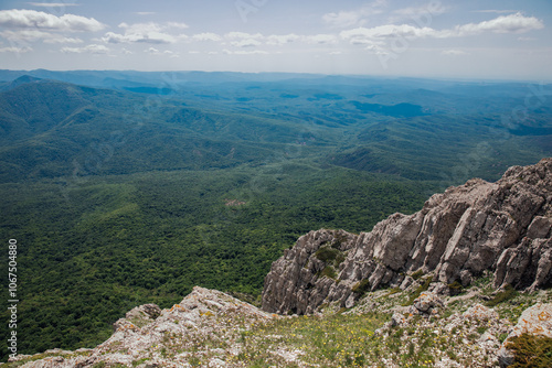 Beautiful landscape on the rocks and forest from the top of the mountain