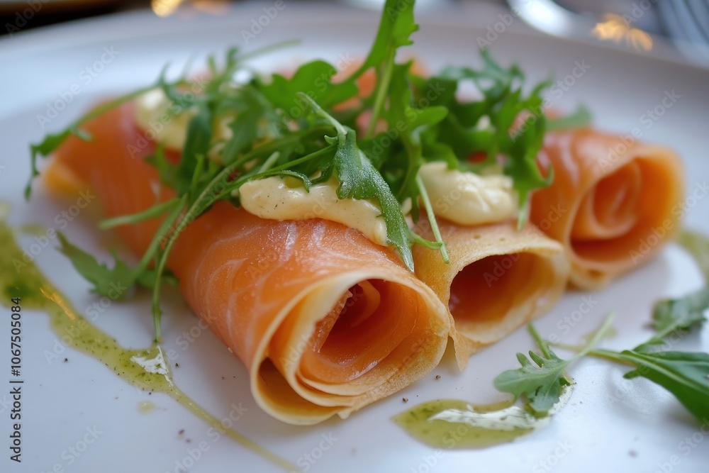 Thin pancakes filled with smoked salmon horseradish cream cheese and arugula Thin pancakes filled with smoked salmon horseradish cream cheese and arugula