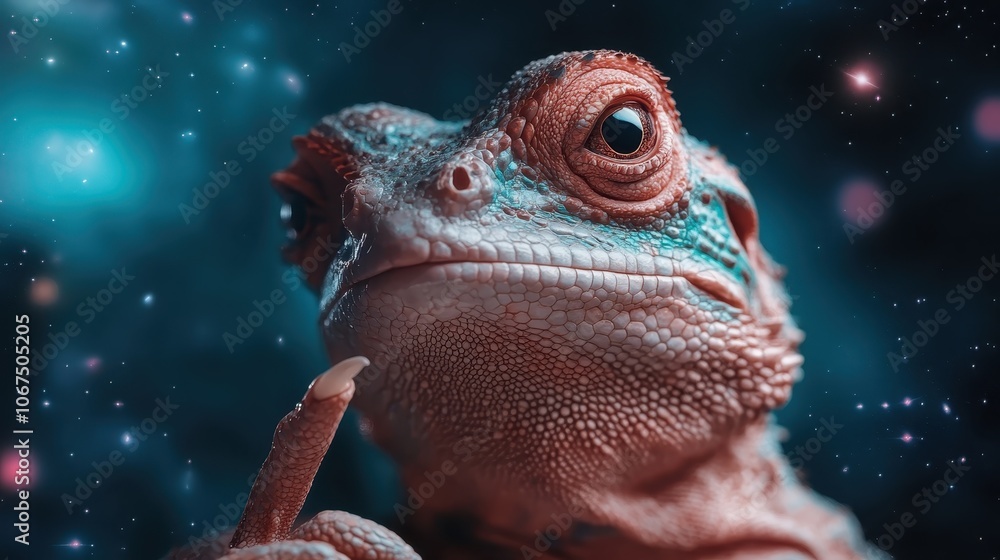 An intriguing close-up of a contemplative frog in a cosmic-like setting with a starry background, depicting an enchanting and mystical contemplation atmosphere. An intriguing close-up of a contemplative frog in a cosmic-like setting with a starry background, depicting an enchanting and mystical contemplation atmosphere.