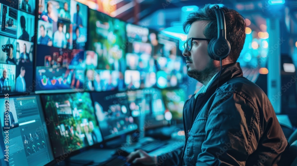 Television Producer Managing Live Broadcast in High-Tech Control Room Television Producer Managing Live Broadcast in High-Tech Control Room