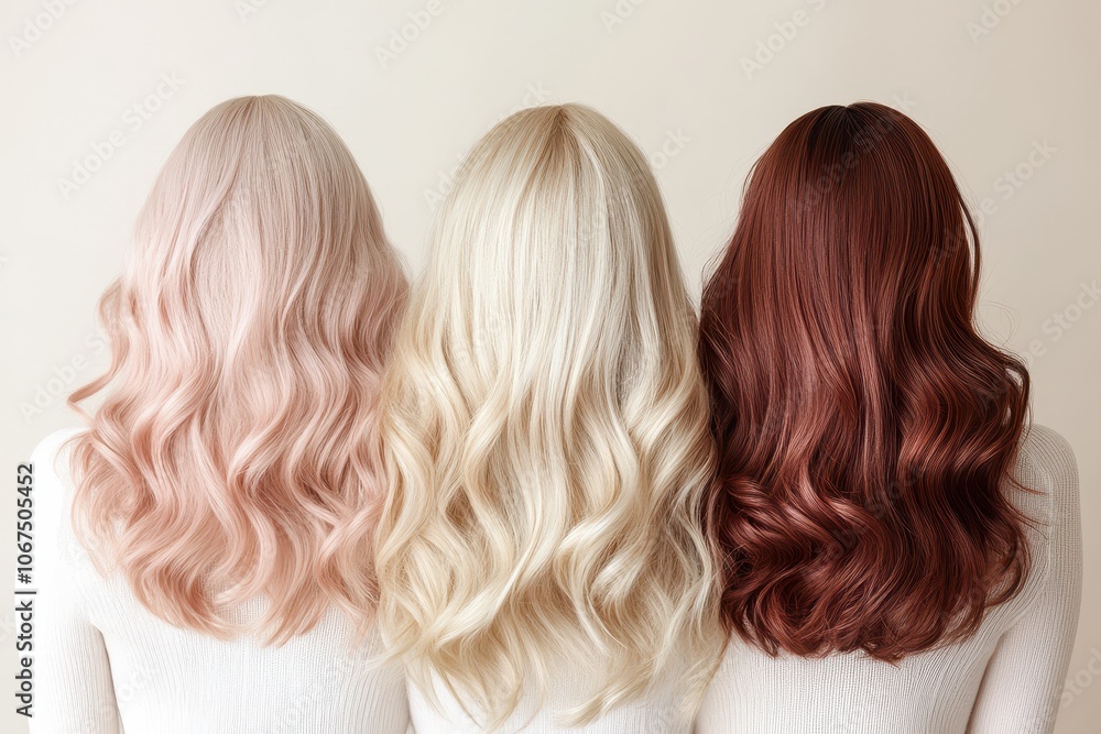 Three attractive women with ultra blonde hair and stylish curls from a salon showcasing fashion and makeup Three attractive women with ultra blonde hair and stylish curls from a salon showcasing fashion and makeup