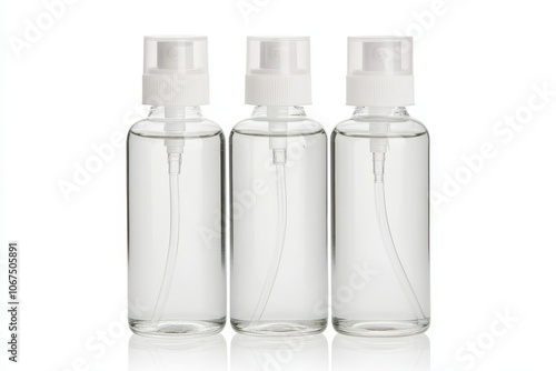 Three transparent bottles with white caps and pumps on a white backdrop