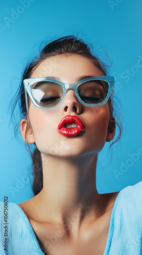 Young Woman with Bold Lipstick and Vintage Sunglasses Against Blue Background