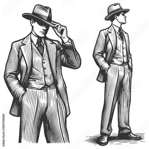 gentlemen in suits and hats, embodying classic elegance and sophistication in retro fashion sketch engraving generative ai vector illustration. Scratch board imitation. Black and white image.