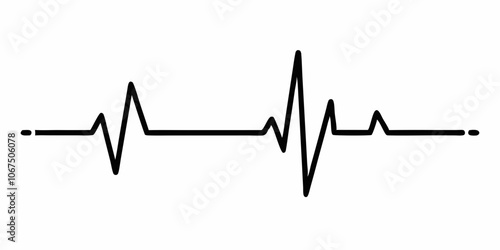 Heart beat one line. Continuous lines heart beats drawing. Wave pulse. Hand draw heartbeat. Design heartbeat for print. Black silhouette cardiogram isolated on white background