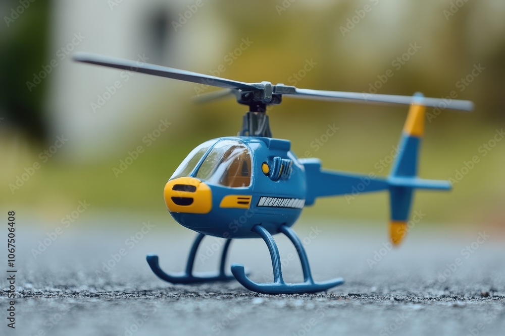 Fototapeta premium tiny blue and yellow toy helicopter for boys