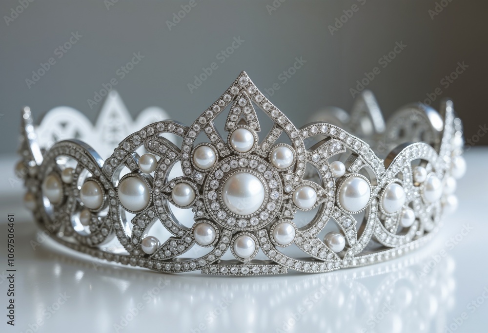 Elegant Pearl and Diamond Tiara in Silver Filigree Design Against White Background Elegant Pearl and Diamond Tiara in Silver Filigree Design Against White Background