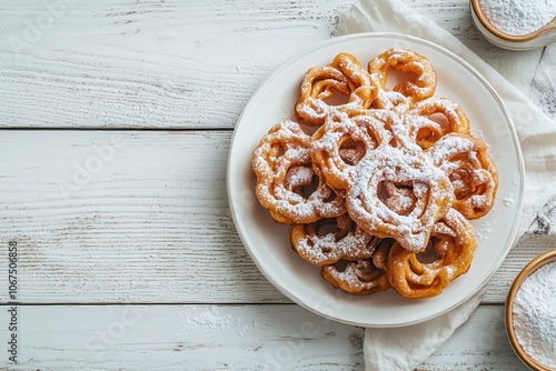 Tippaleipa Finnish funnel cakes for May Day deep fried and sprinkled with powdered sugar arranged on a white wooden table viewed from above in a close up shot photo