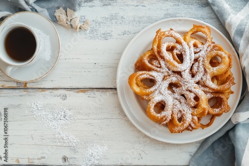 Tippaleipa Finnish May Day deep fried cakes sprinkled with powdered sugar presented on a white wooden table viewed from above photo