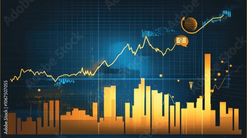 Business-themed background with a stock chart, corporate icons, and economic data, dynamic market trends  photo