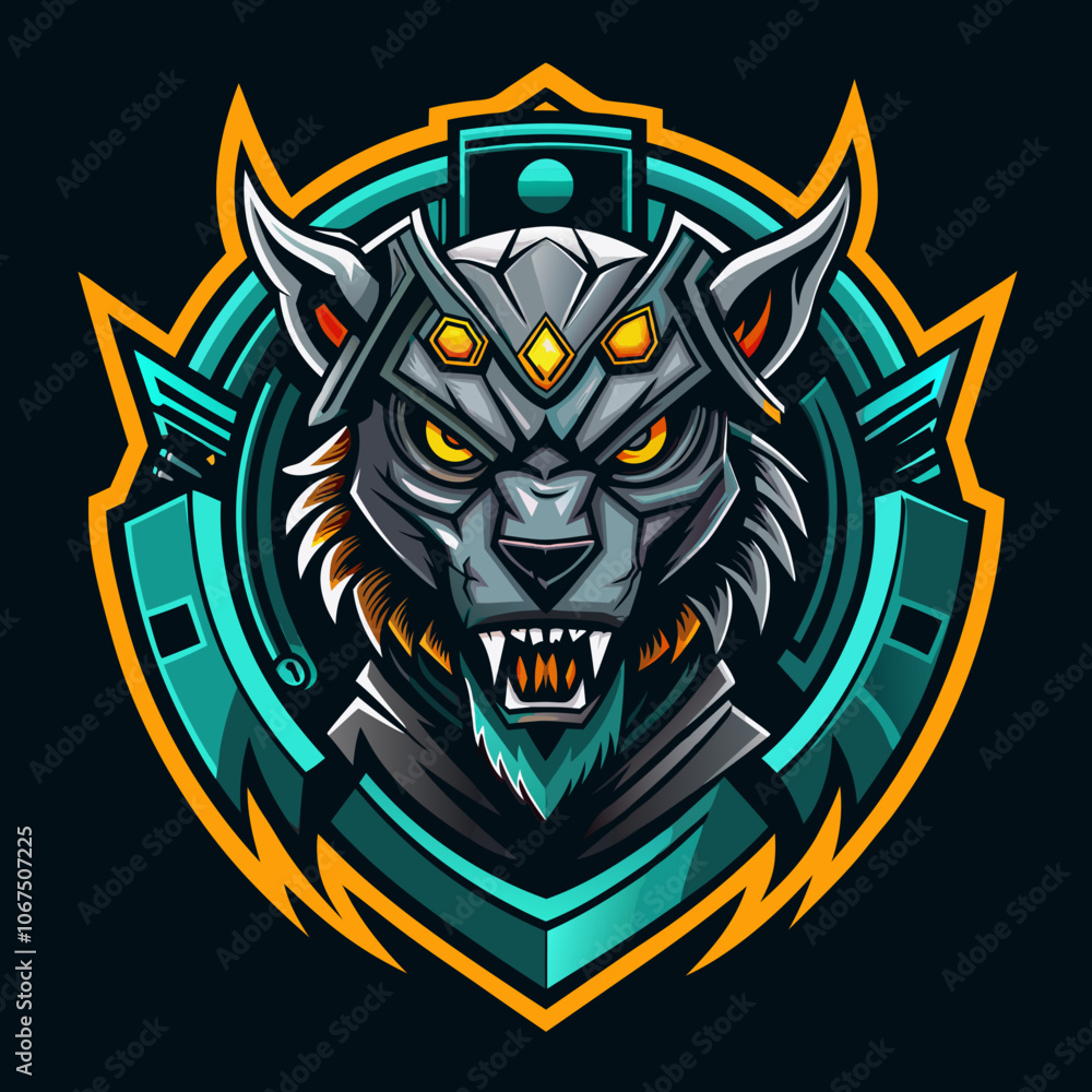 Fototapeta premium Mechanical beast esports logo featuring a fierce wolf design with vibrant colors and sharp features representing gaming prowess