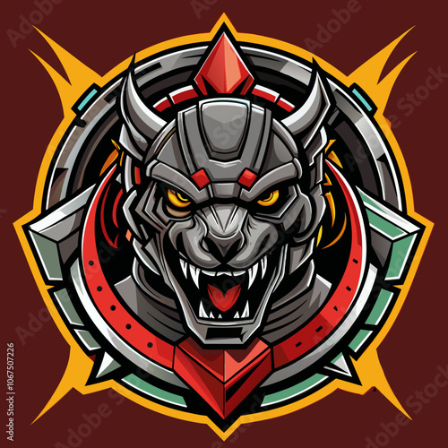Dynamic esports logo featuring a mechanical beast with fierce expression and vibrant colors
