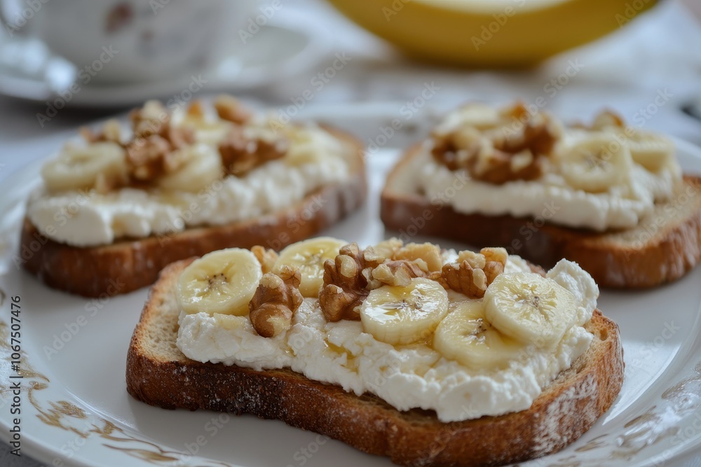 Toast topped with ricotta banana and nuts Toast topped with ricotta banana and nuts