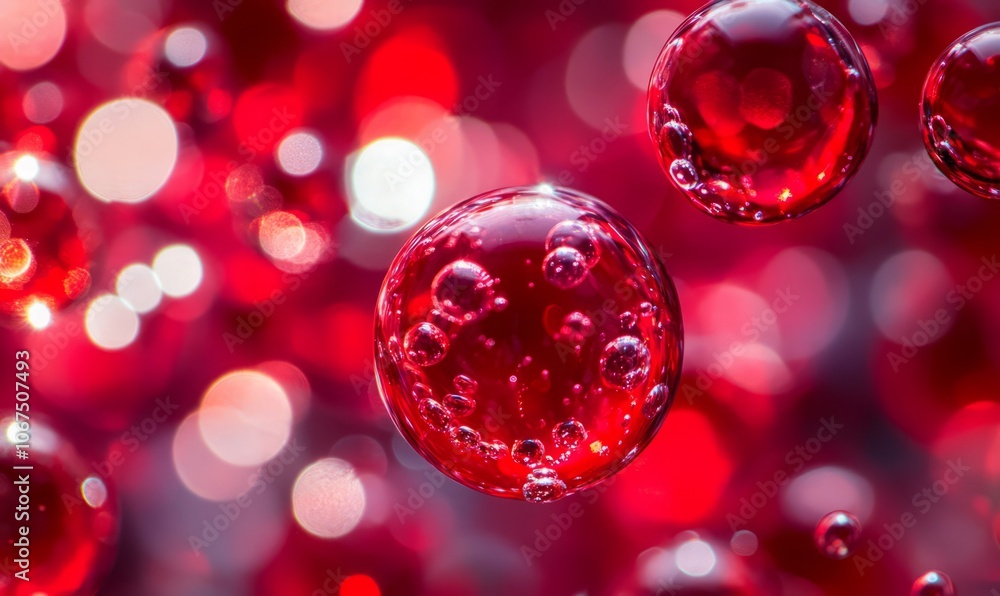 Close-up view of vibrant red molecules surrounded by bubbles, showcasing intricate details and a fresh, dynamic background Close-up view of vibrant red molecules surrounded by bubbles, showcasing intricate details and a fresh, dynamic background