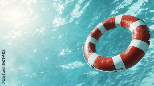 A classic red and white lifebuoy drifts on the tranquil ocean against a backdrop of clear sky, embodying calm and assurance in a natural setting. photo