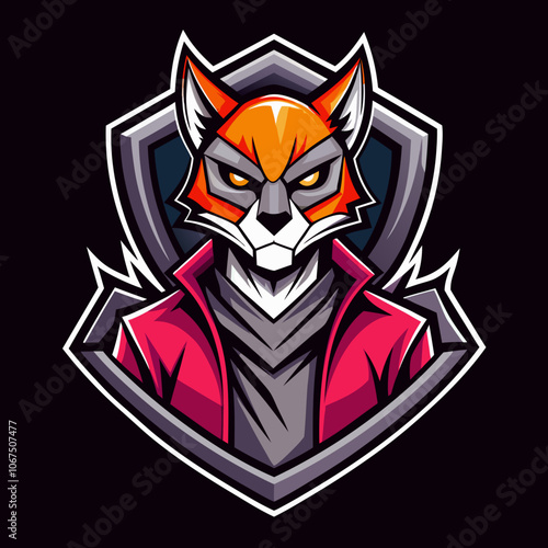 Stylized esports logo featuring a fierce cat man in a red jacket, set against a dynamic shield background with bold outlines and vibrant colors