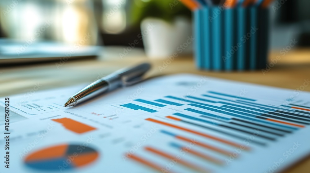 Close-up of business charts with pen, focus on data analysis Close-up of business charts with pen, focus on data analysis