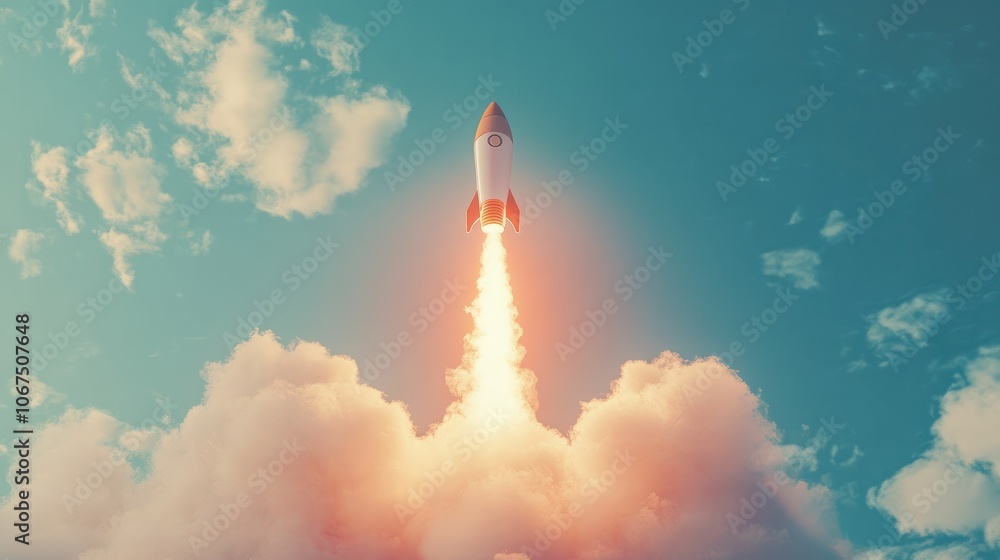 Fototapeta premium Idea light bulb flying to the sky like a rocket - Flat lay