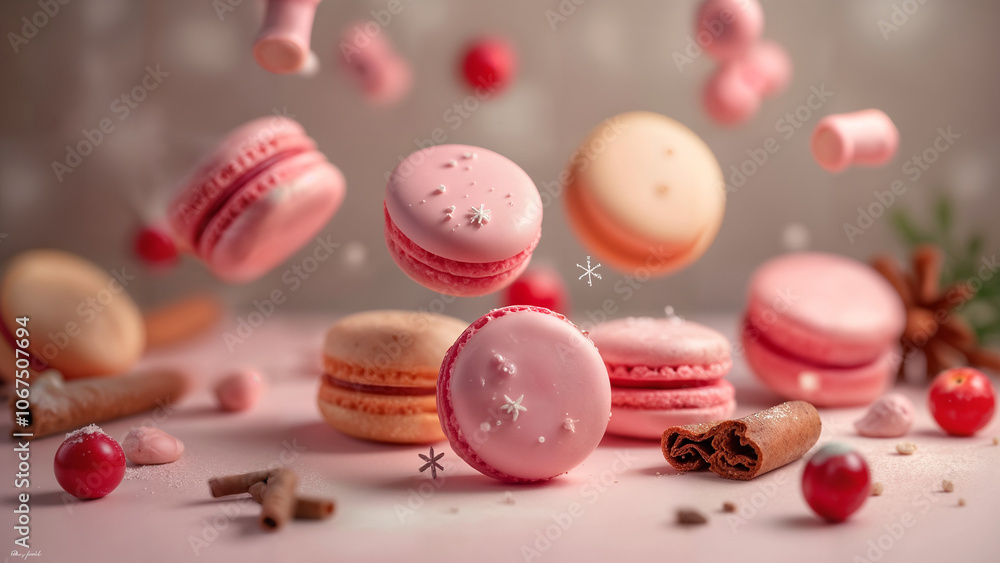 Fototapeta premium Festive Winter Macarons in Flight