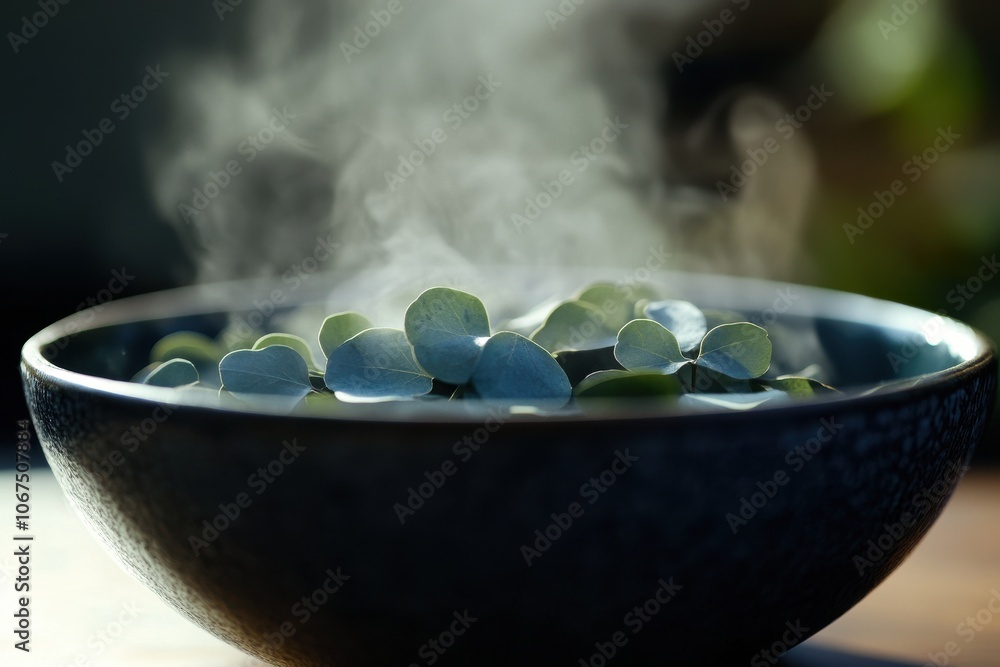 Steaming bowl of fresh eucalyptus leaves Steaming bowl of fresh eucalyptus leaves