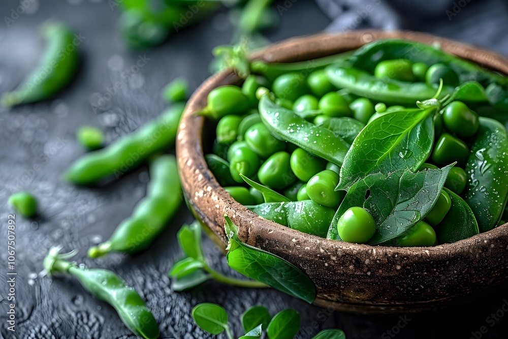 Fresh Green Peas and Leaves in a Rustic Bowl Fresh Green Peas and Leaves in a Rustic Bowl