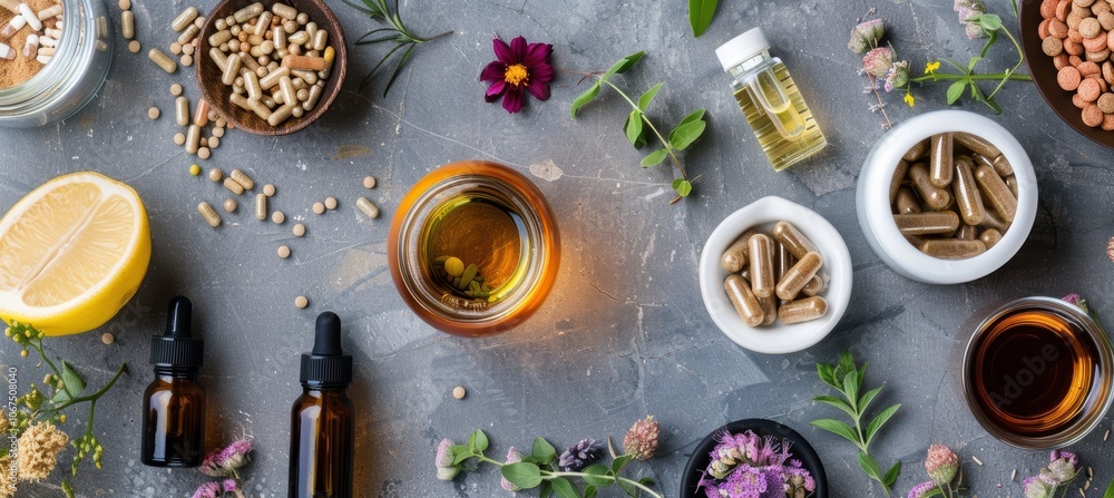 Holistic Wellness Retreat Table with Vitamins, Herbal Teas, and Essential Oils for Self-Care Holistic Wellness Retreat Table with Vitamins, Herbal Teas, and Essential Oils for Self-Care