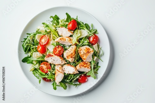 Top view of a Caesar chicken salad on a white background