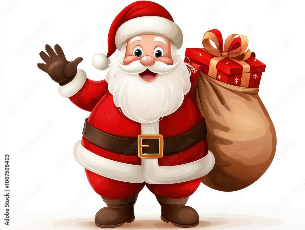 A clipart Santa Claus waving with a big bag gifts over his shoulder, ready for Christmas A clipart Santa Claus waving with a big bag gifts over his shoulder, ready for Christmas