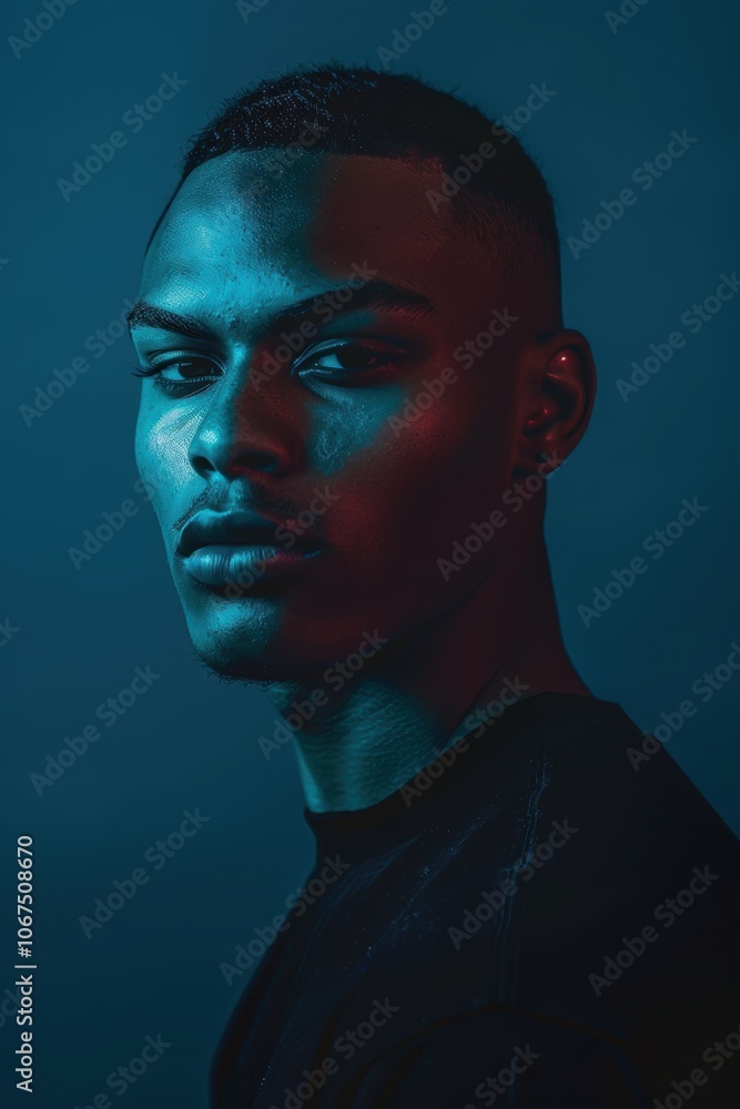 Striking Portrait of a Confident Young Man with Intense Lighting on a Dark Blue Background Striking Portrait of a Confident Young Man with Intense Lighting on a Dark Blue Background