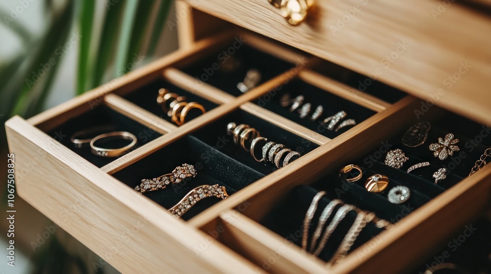 Elegant jewelry organizer, compartments displaying rings, necklaces, earrings, meticulous arrangement, stylish design, perfect for keeping accessories tidy and accessible