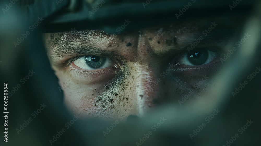 Soldier’s focused gaze as they engage in a challenging situation, reflecting determination and focus Soldier’s focused gaze as they engage in a challenging situation, reflecting determination and focus