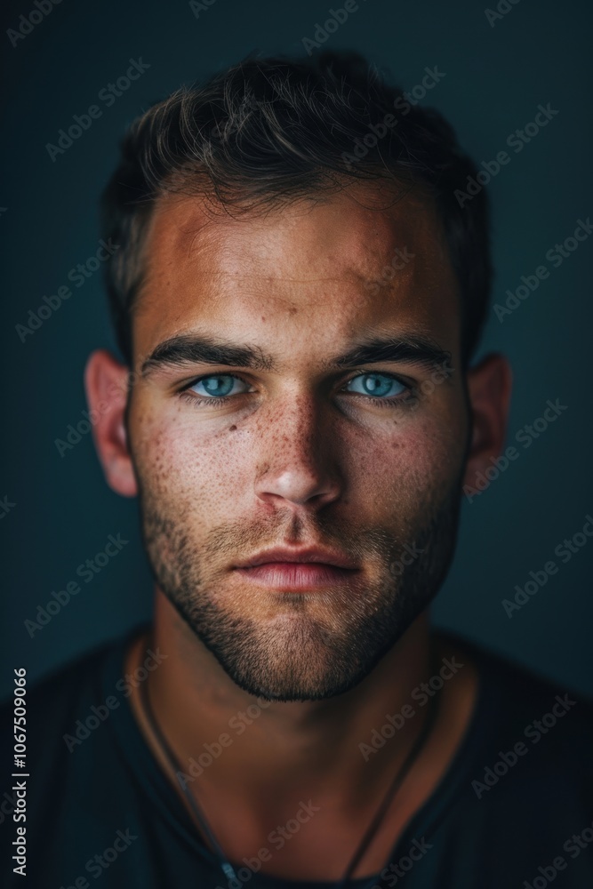 Intense Portrait of Young Man with Sharp Features Against Dark Navy Background Intense Portrait of Young Man with Sharp Features Against Dark Navy Background