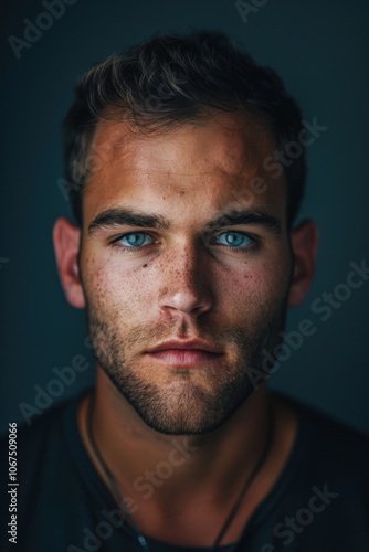 Intense Portrait of Young Man with Sharp Features Against Dark Navy Background