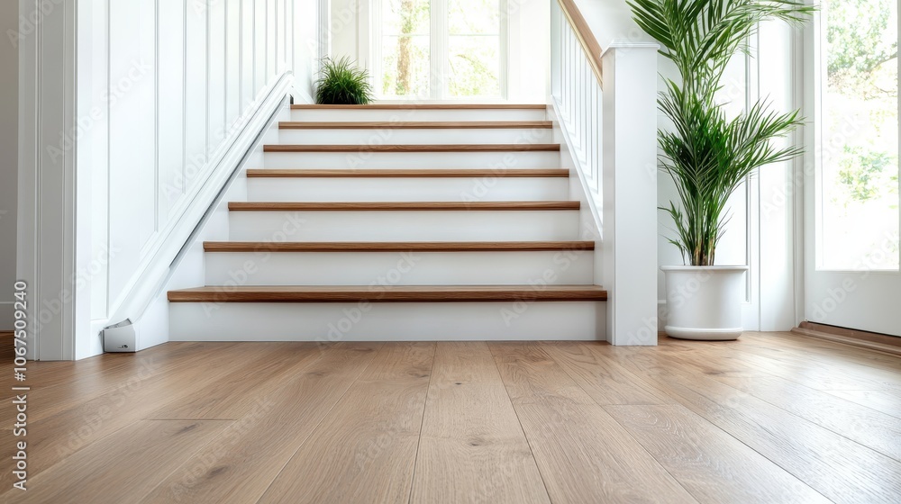 A beautiful wooden staircase with sunlight streaming in, flanked by potted plants, creates a welcoming and refreshing atmosphere in a modern interior space. A beautiful wooden staircase with sunlight streaming in, flanked by potted plants, creates a welcoming and refreshing atmosphere in a modern interior space.