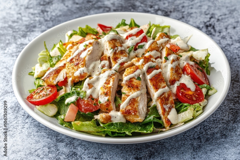 Top view of a Chicken Caesar salad on a white plate with dressing against a concrete backdrop Top view of a Chicken Caesar salad on a white plate with dressing against a concrete backdrop