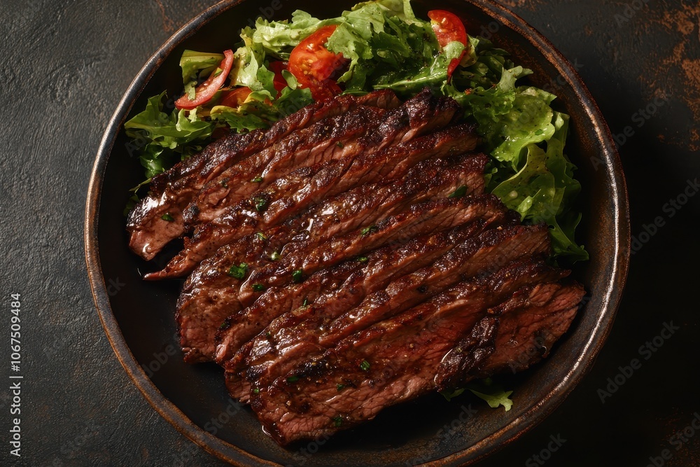 Top view of a plate with salad and roasted flank or flap steak against a dark backdrop Top view of a plate with salad and roasted flank or flap steak against a dark backdrop