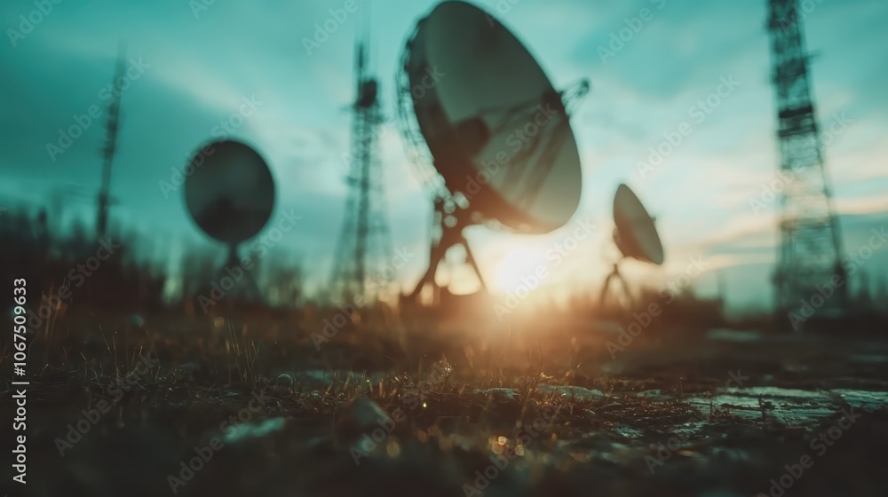 An array of satellite dishes sit in contrast to a vivid sunset on a vast grass field, metaphorizing the balance of nature and technology seamlessly. An array of satellite dishes sit in contrast to a vivid sunset on a vast grass field, metaphorizing the balance of nature and technology seamlessly.