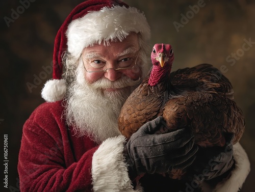 Santa holding a turkey, symbolizing both Thanksgiving and Christmas cheer