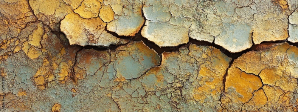 A close-up of cracked, peeling paint revealing layer of texture and color. A close-up of cracked, peeling paint revealing layer of texture and color.