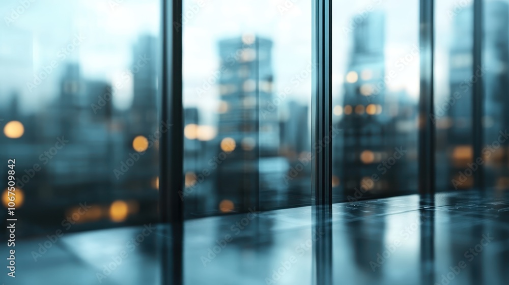 The view of a bustling city skyline seen through large modern building windows, capturing the essence of urban life with a soft focus and dusk ambiance. The view of a bustling city skyline seen through large modern building windows, capturing the essence of urban life with a soft focus and dusk ambiance.