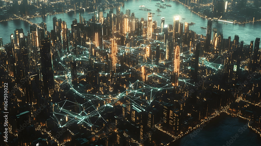 Visualization of a connected smart city, highlighting networked systems and urban digital infrastructure Visualization of a connected smart city, highlighting networked systems and urban digital infrastructure